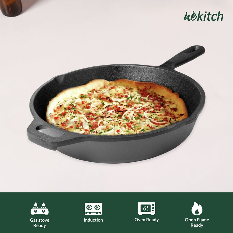 Wekitch Pre-Seasoned Cast Iron Cookware Combo – Tawa 30 cm, Fry Pan 26 cm(1.6 L), Kadai 26 cm(2.4 L) & 2 Wooden Spatulas | Naturally Nonstick, Heavy-Duty Build, Gas & Induction Compatible