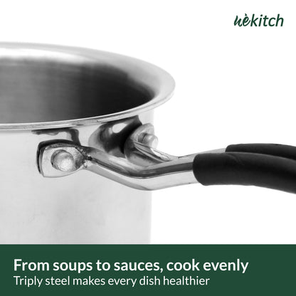 Wekitch Triply Stainless Steel Cookware Set | Fry Pan (24 cm) & Saucepan (18 cm) with Lids + 2 Free Wooden Spatulas | Nonstick, Easy-Clean, Rust-Resistant, Gas & Induction Compatible