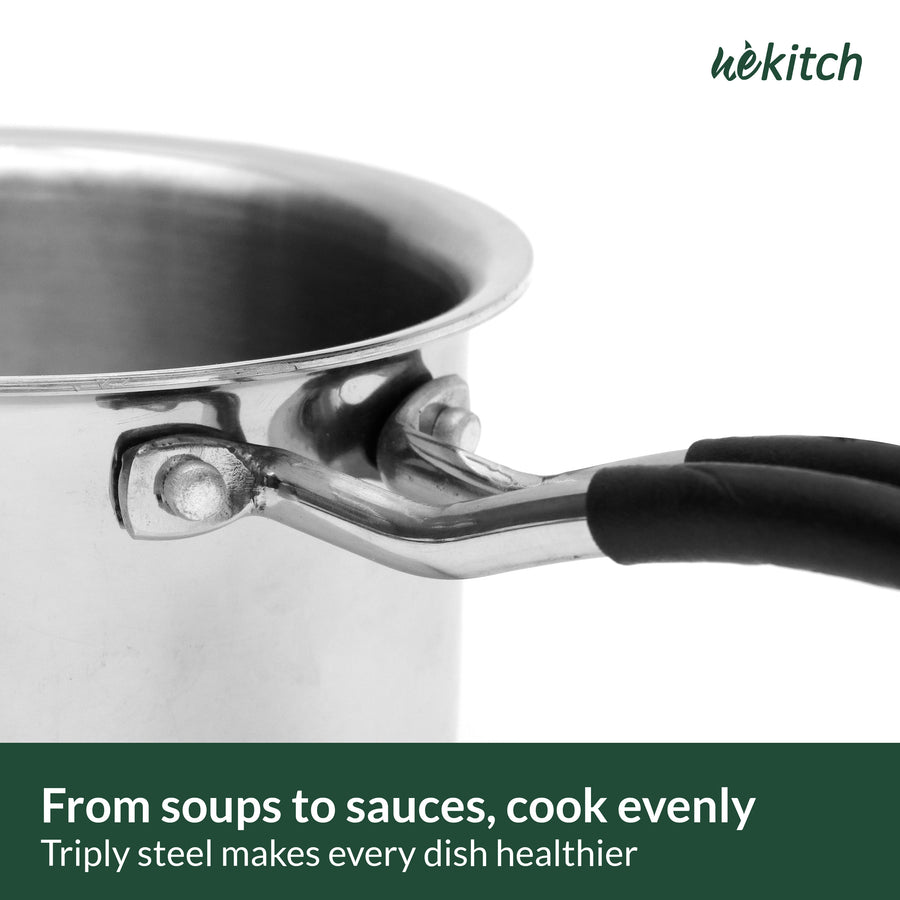 Wekitch Triply Stainless Steel Cookware Set | Fry Pan (24 cm) & Saucepan (18 cm) with Lids + 2 Free Wooden Spatulas | Nonstick, Easy-Clean, Rust-Resistant, Gas & Induction Compatible