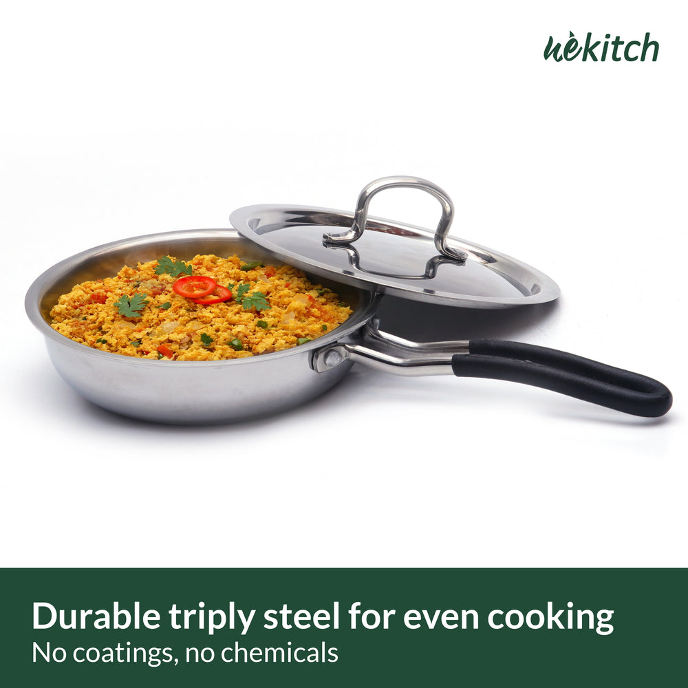 Wekitch Triply Stainless Steel Cookware Set | Fry Pan (24 cm) + Kadai (22 cm) + Saucepan (18 cm) with Lids & Free 2 Wooden Spatulas | Nonstick, Easy to Clean, Rust-Resistant, Gas & Induction Friendly