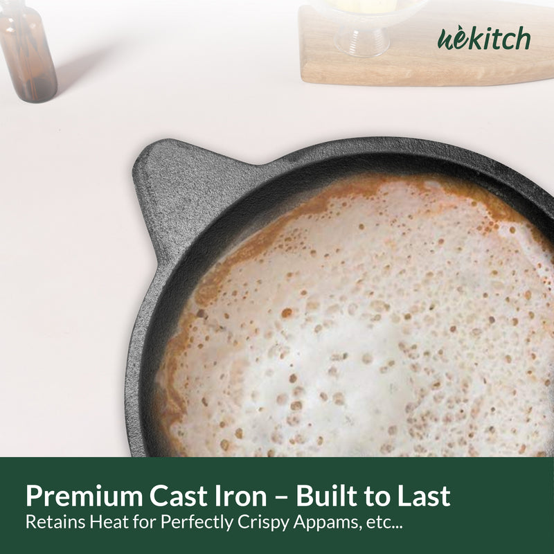 Wekitch Super Smooth Pre Seasoned Cast Iron Appachatti for Vellapam/Paalappam/Appam 23 cm 1.4kg