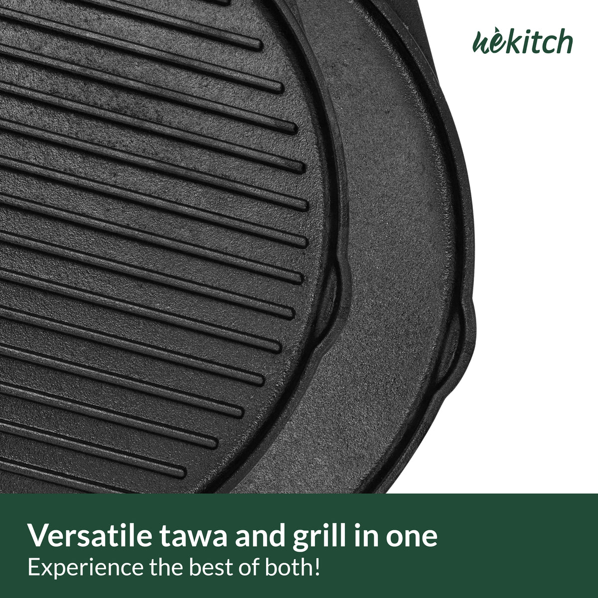 Wekitch Pre-Seasoned Cast Iron Grill Pan | 40cm | 2-in-1 Tawa & Grill | For BBQ, Meats, Seafood & Veggies | Gas & Induction Compatible