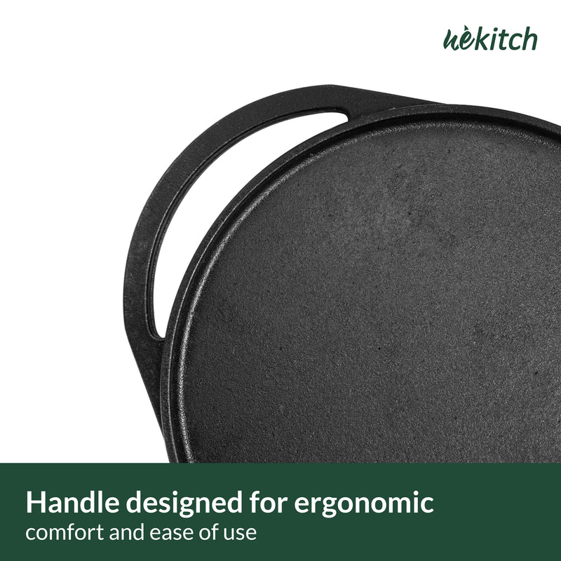 Wekitch Pre-Seasoned Cast Iron Grill Pan | 40cm | 2-in-1 Tawa & Grill | For BBQ, Meats, Seafood & Veggies | Gas & Induction Compatible