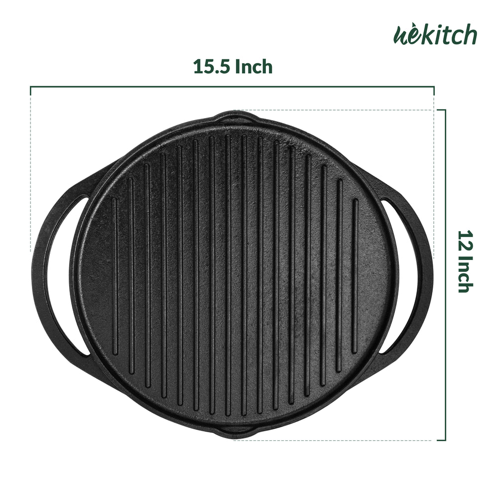 Wekitch Pre-Seasoned Cast Iron Grill Pan | 40cm | 2-in-1 Tawa & Grill | For BBQ, Meats, Seafood & Veggies | Gas & Induction Compatible